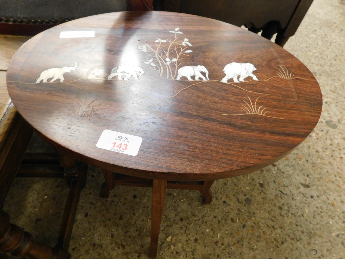 CHINESE HARDWOOD CIRCULAR TOPPED TABLE WITH INLAID DETAIL OF ELEPHANTS