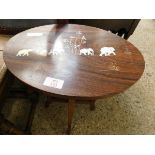 CHINESE HARDWOOD CIRCULAR TOPPED TABLE WITH INLAID DETAIL OF ELEPHANTS