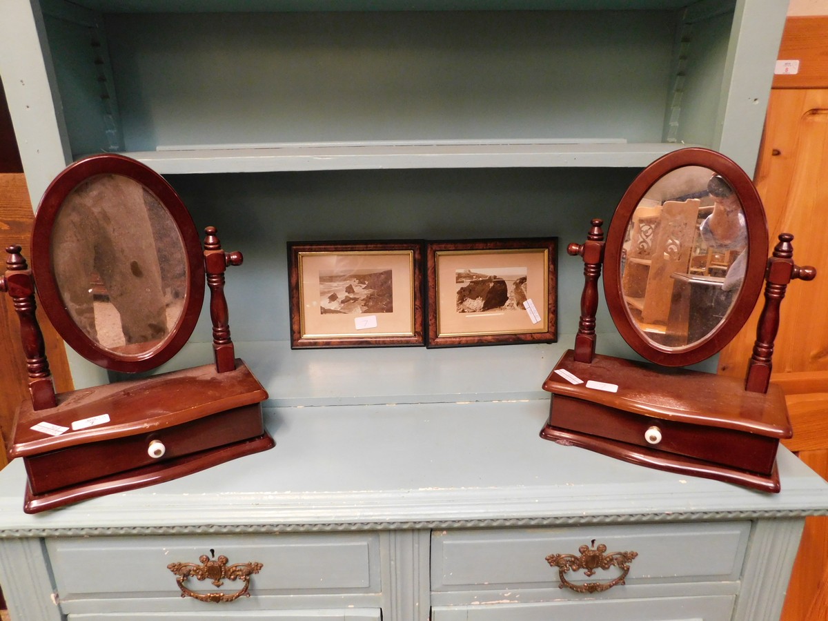 TWO TEAK SMALL DRESSING TABLE MIRRORS WITH SINGLE DRAWERS AND KNOB HANDLES TOGETHER WITH TWO