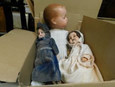 BOX CONTAINING MIXED BISQUE FACED DOLLS ETC