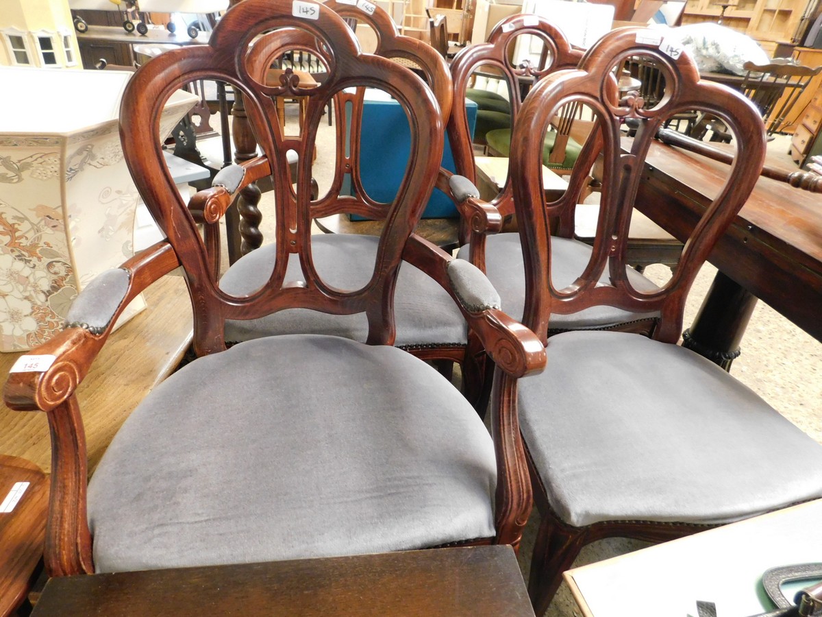 SET OF FOUR PINE FRAMED SHAPED BACK DINING CHAIRS WITH BLUE VELOUR UPHOLSTERY COMPRISING TWO