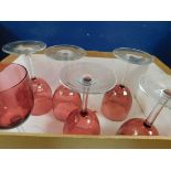 SET OF SIX CRANBERRY BOWL CLEAR STEMMED WINE GLASSES