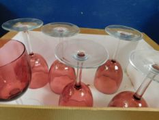 SET OF SIX CRANBERRY BOWL CLEAR STEMMED WINE GLASSES