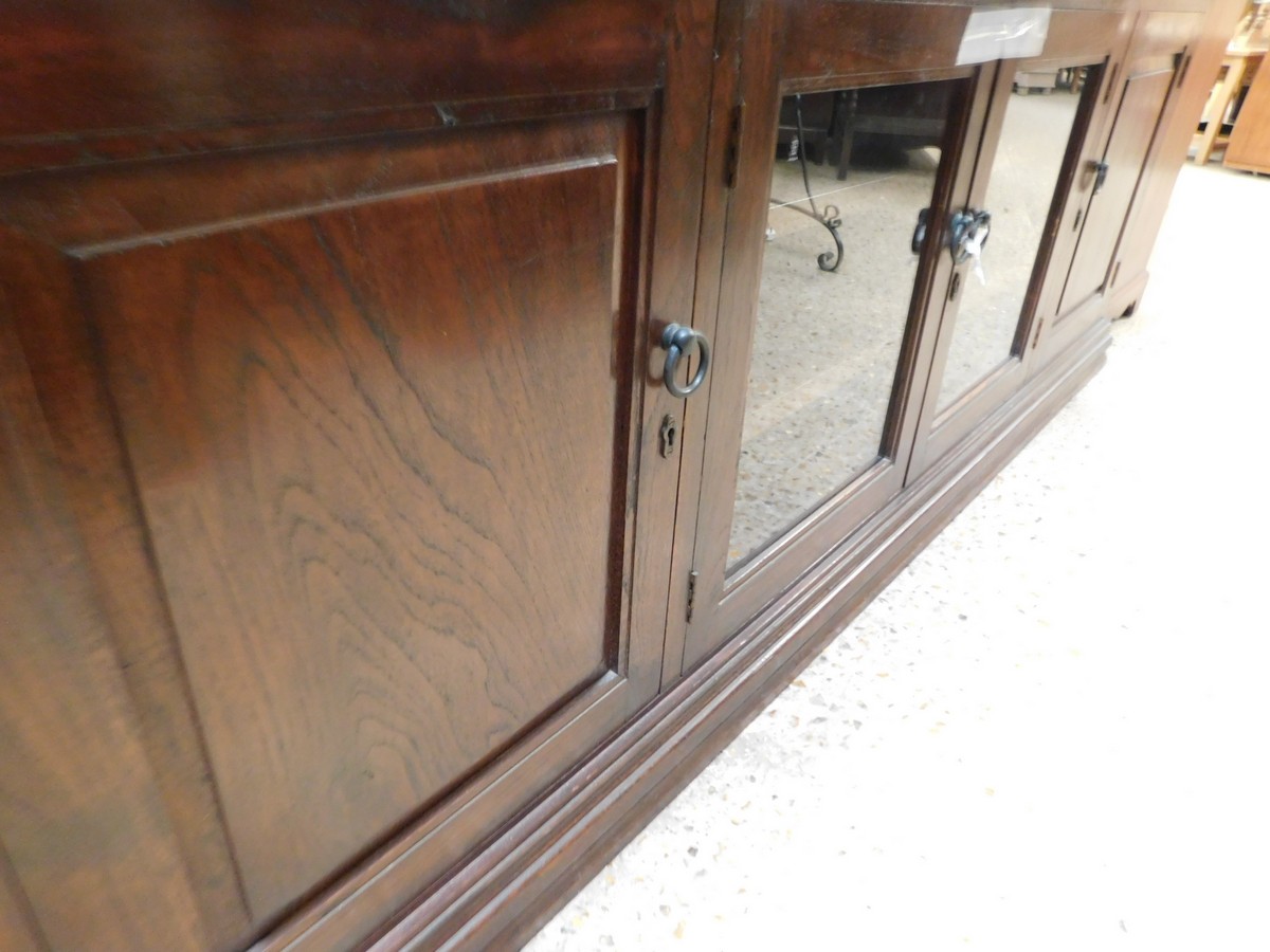 LARGE HEAVY OAK SIDEBOARD WITH TWO GLAZED DOORS