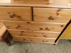 STAINED PINE TWO OVER THREE FULL WIDTH DRAWER CHEST WITH TURNED KNOB HANDLES