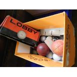 BOX CONTAINING VINTAGE GOLF BALLS, CRICKET BALLS ETC