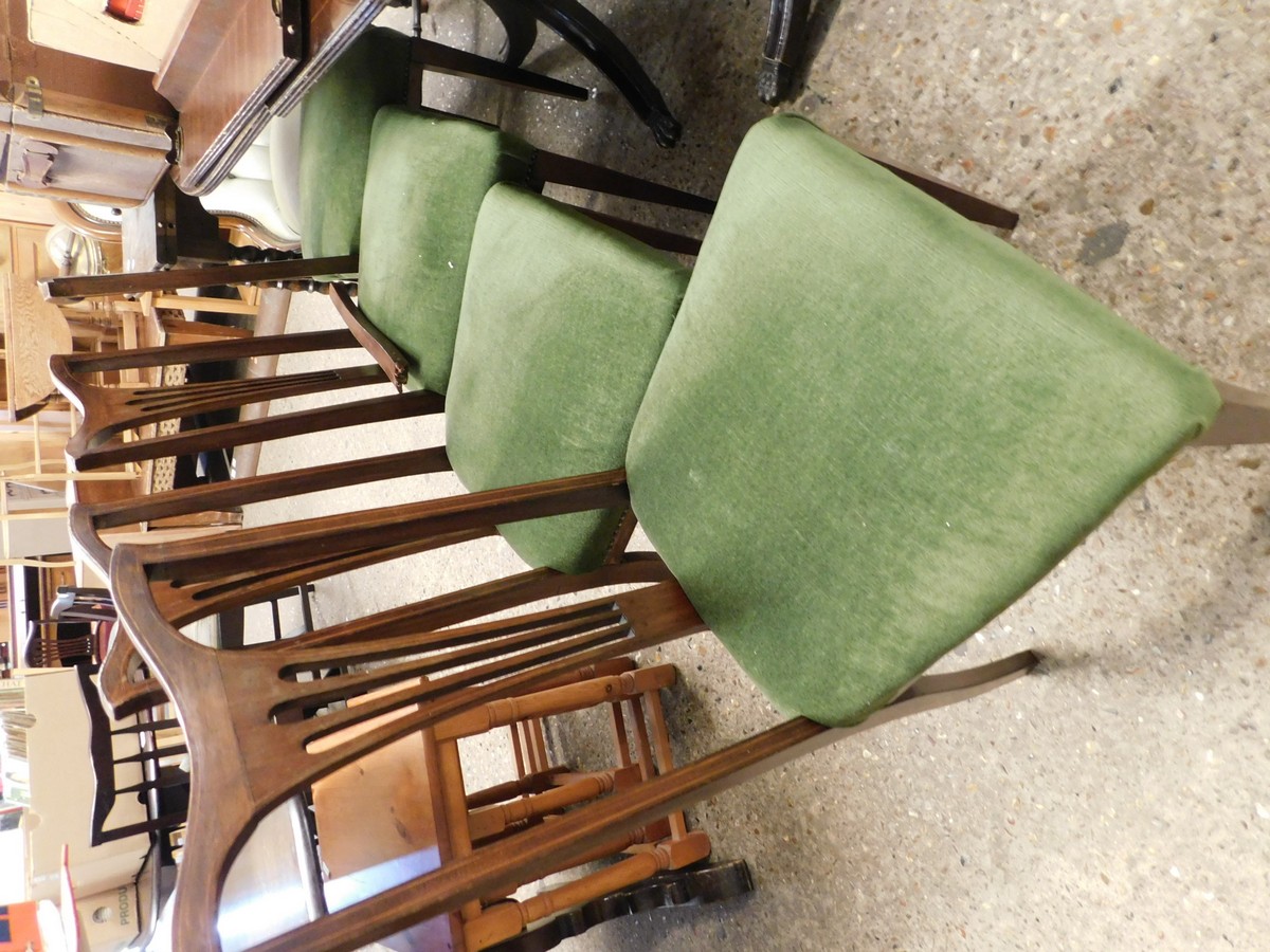 SET OF FOUR EDWARDIAN MAHOGANY AND INLAID SPLAT BACK DINING CHAIRS WITH GREEN VELOUR UPHOLSTERED