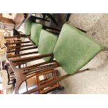 SET OF FOUR EDWARDIAN MAHOGANY AND INLAID SPLAT BACK DINING CHAIRS WITH GREEN VELOUR UPHOLSTERED