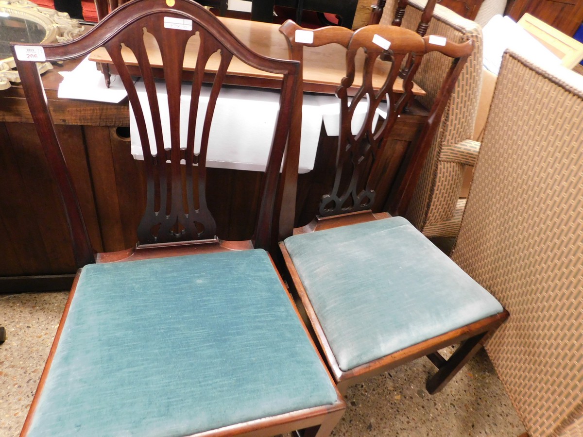 TWO 19TH CENTURY SPLAT BACK DINING CHAIRS WITH GREEN UPHOLSTERY