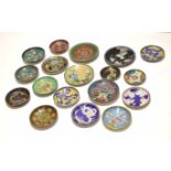 Group of cloisonne small dishes, various decoration of flowers and dragons etc, largest 12cm diam (