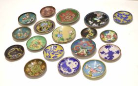 Group of cloisonne small dishes, various decoration of flowers and dragons etc, largest 12cm diam (