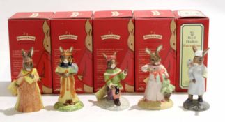 Group of five Bunnikins figures, including Juliet, Wee Willie Winkie, Christmas Morning and Romeo (