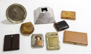 Group of lighters and cigarette boxes and a small silver metal dish modelled with John Bull,