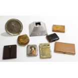 Group of lighters and cigarette boxes and a small silver metal dish modelled with John Bull,