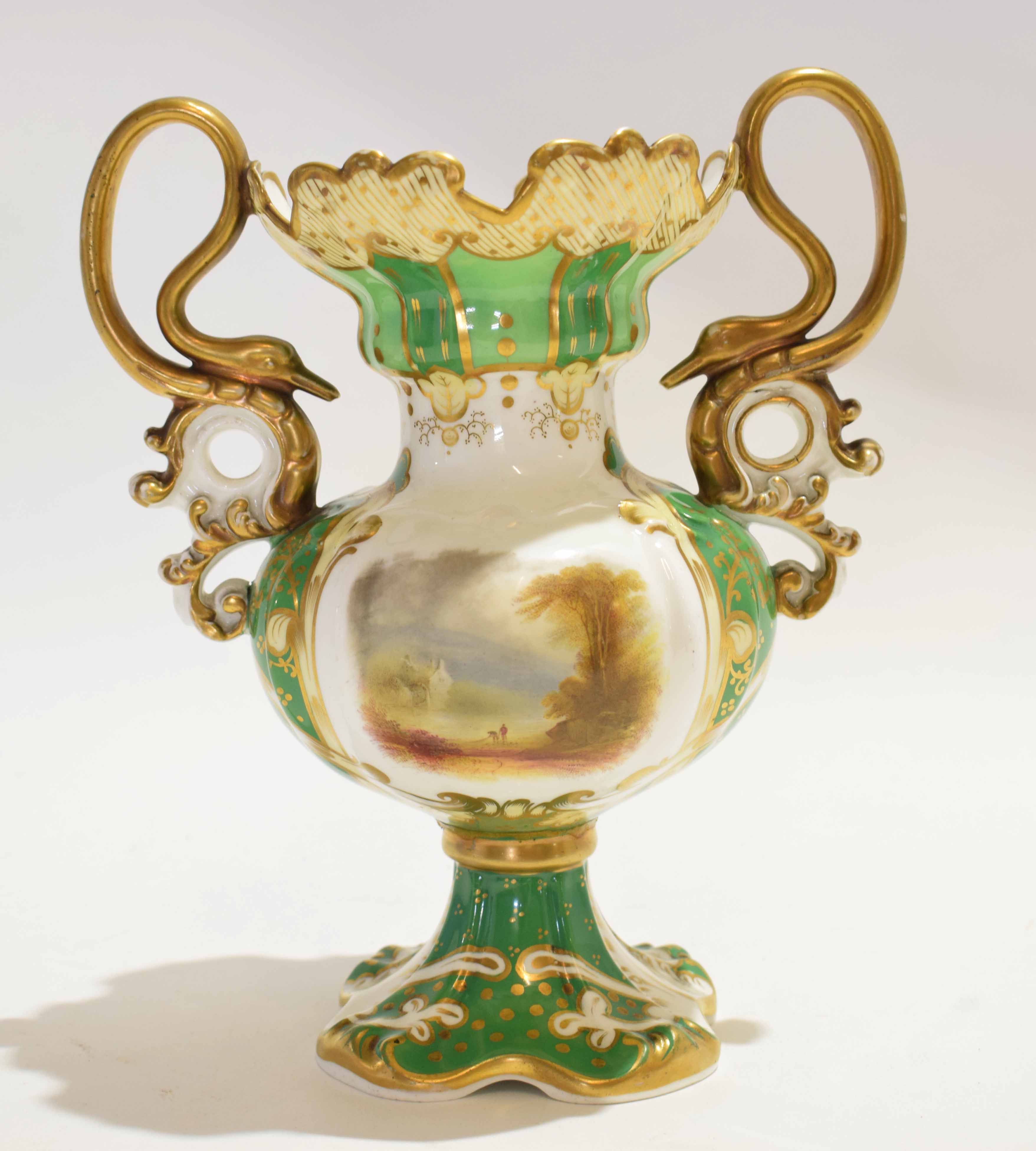 19th century Rockingham style English porcelain vase with two swan like handles and a painted - Image 2 of 3