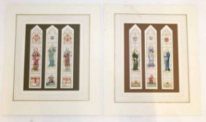 Two unsigned pen, ink and watercolour stained glass window designs, each image 24 x 20cm overall,
