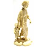 Japanese Meiji period ivory Okimono modelled as a lady with child by her side, 14cm high