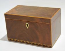 19th century mahogany and satinwood strung tea caddy with repeating diamond inlay to base and