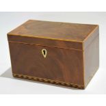 19th century mahogany and satinwood strung tea caddy with repeating diamond inlay to base and