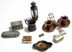 Quantity of sundry metal wares including copper candlesticks, silver metal boxes and a cut glass