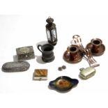 Quantity of sundry metal wares including copper candlesticks, silver metal boxes and a cut glass