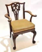 Chippendale style mahogany armchair, with pierced splat back and cabriole front supports with scroll