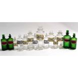 Collection of various apothecary or chemist's bottles, four green coloured glass, the rest clear