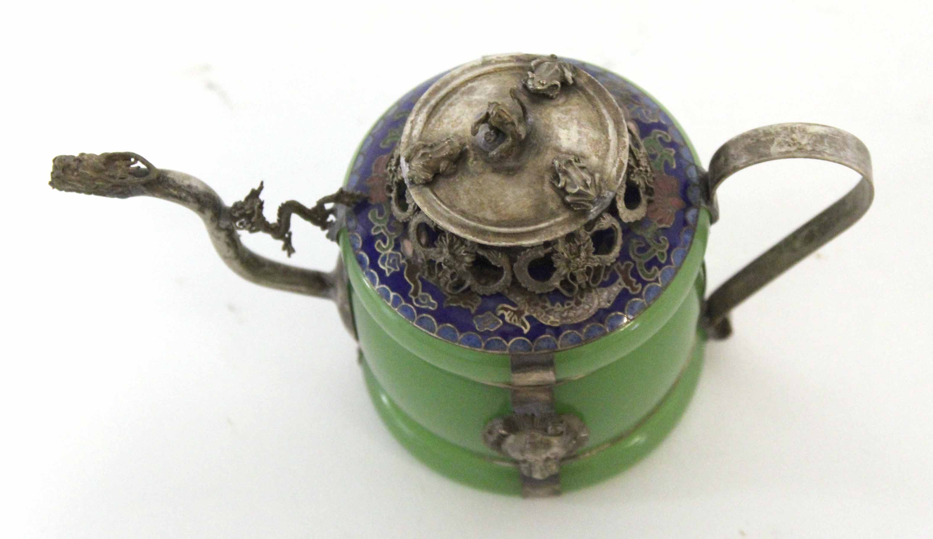 Oriental quartz type pot and cover with metal mounts and the modelled as a dragon, the cover moulded - Image 5 of 6