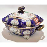 Large Mason's mid-19th century tureen and cover, the blue ground decorated with various panels of