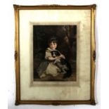 After Fred Miller, coloured mezzotint, Young girl with dog, 38 x 28cm