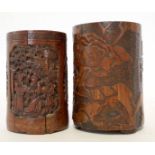 Pair of Chinese bamboo brush pots, one with oval panels of dignitaries in a landscape and some