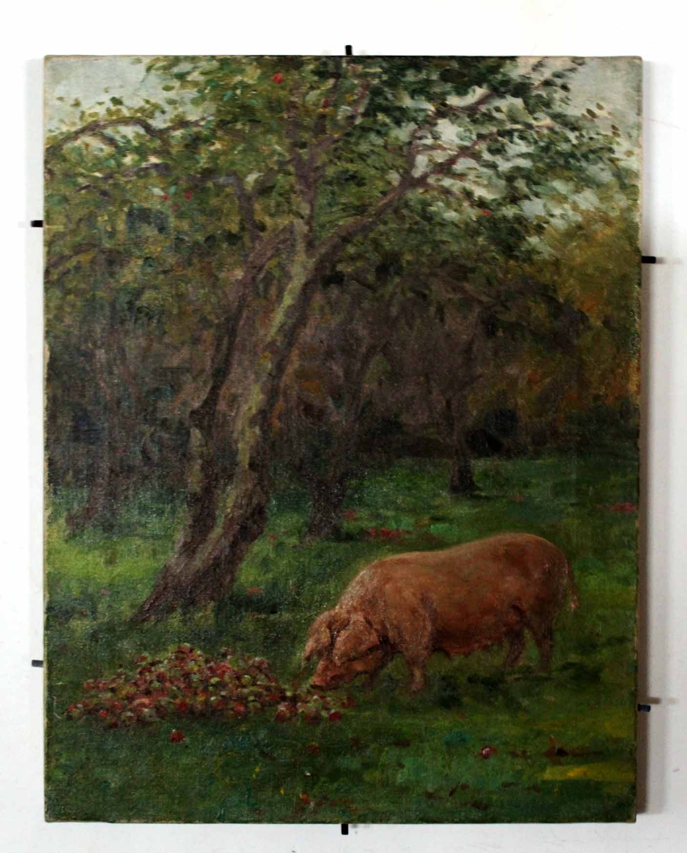Attributed to William Banks Fortescue, Pig in an Orchard, oil on canvas, 46 x 35cms