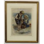 James Drummond, signed watercolour, Coastal scene with children with fishing net, 29 x 28cm