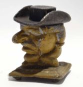 19th century painted tobacco jar formed as a head with lift off hat, standing on a square base, 10cm