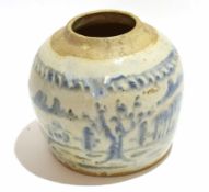 Oriental pottery jar decorated in a blue and white provincial style, 17cm high