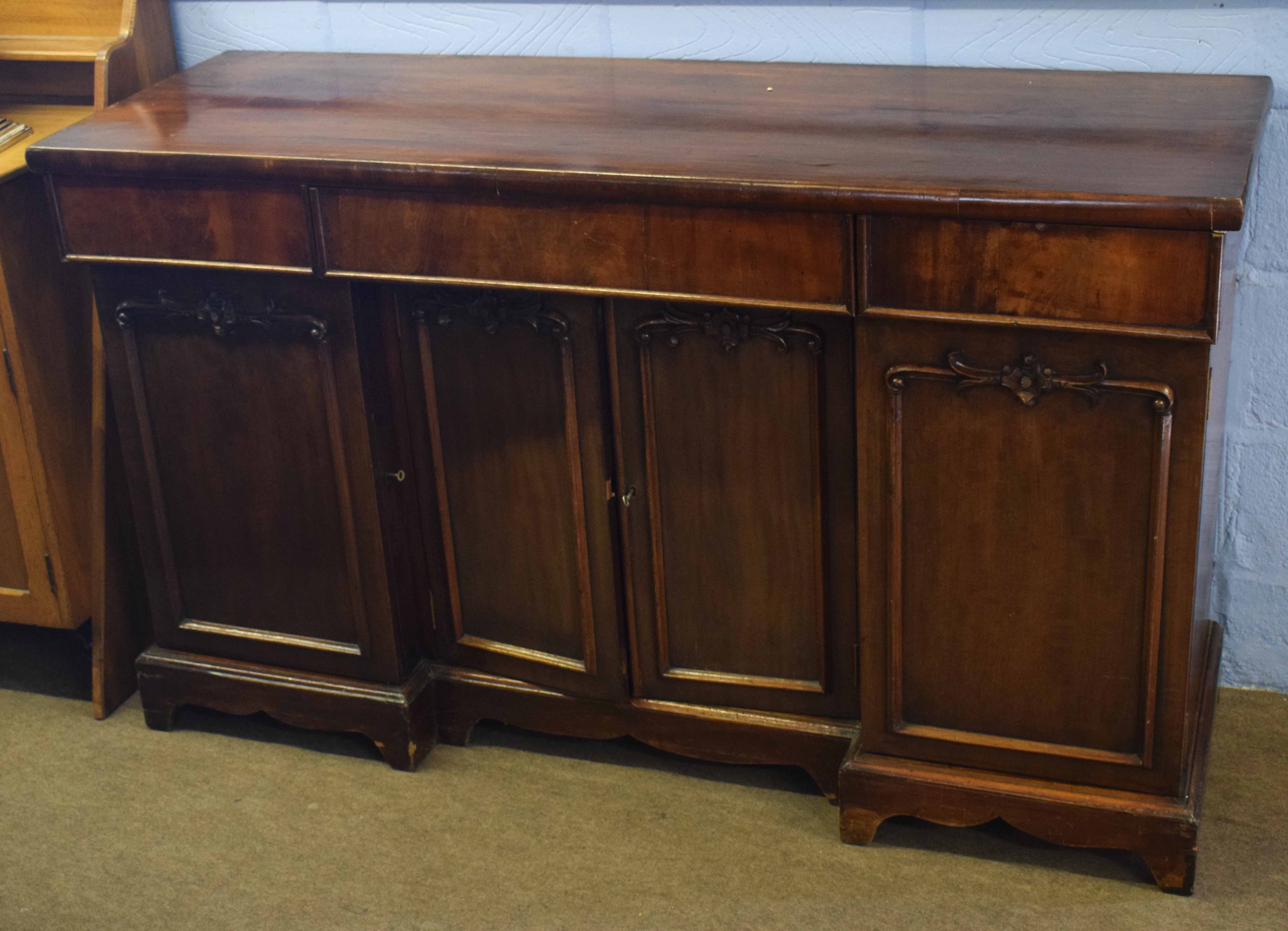 19th century mahogany sideboard, three frieze drawers over central cupboard flanked on either side