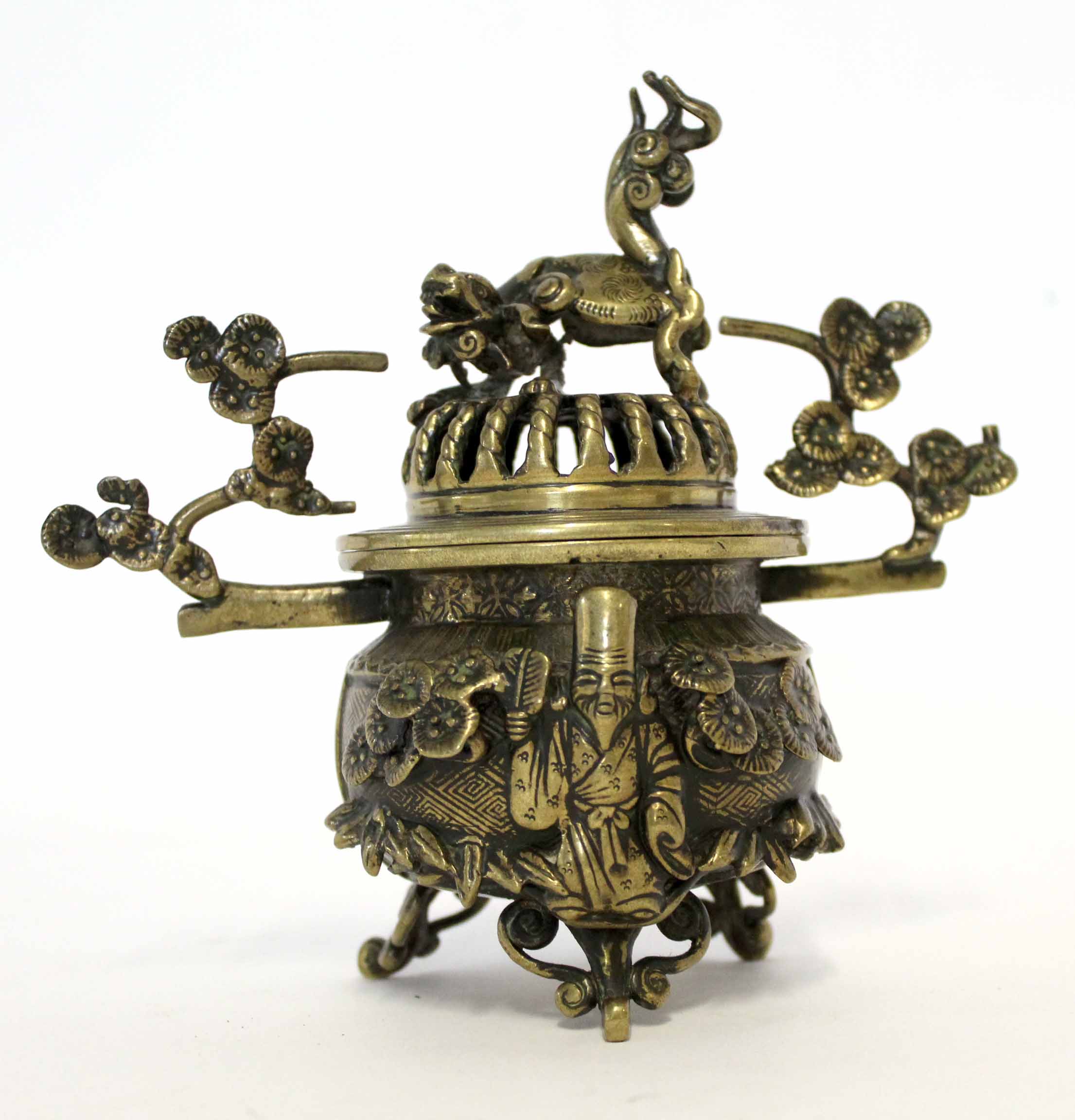 Chinese bronze effect censer and cover, the cover with a dragon type knop, and scroll leaf effect