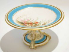 Mid-19th century English Porcelain tazza with floral decoration within turquoise border, 23cm diam