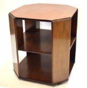 20th century mahogany, possibly Heals, three-tier occasional table with two open shelves and