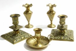 Pair of brass candlesticks together with a further chamber stick and a pair of brass vases