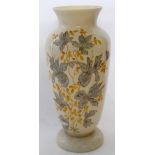 Yellow glass vase with a painted design of autumn flowers in blue, gilt and yellow, 40cm high