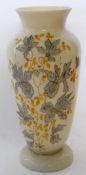 Yellow glass vase with a painted design of autumn flowers in blue, gilt and yellow, 40cm high