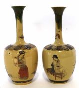 Pair of Japanese vases with slender necks, the brown bodies decorated with ladies in various