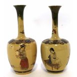 Pair of Japanese vases with slender necks, the brown bodies decorated with ladies in various