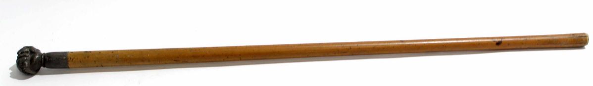 Wooden walking cane with metal top, modelled as a hand clutching a snake