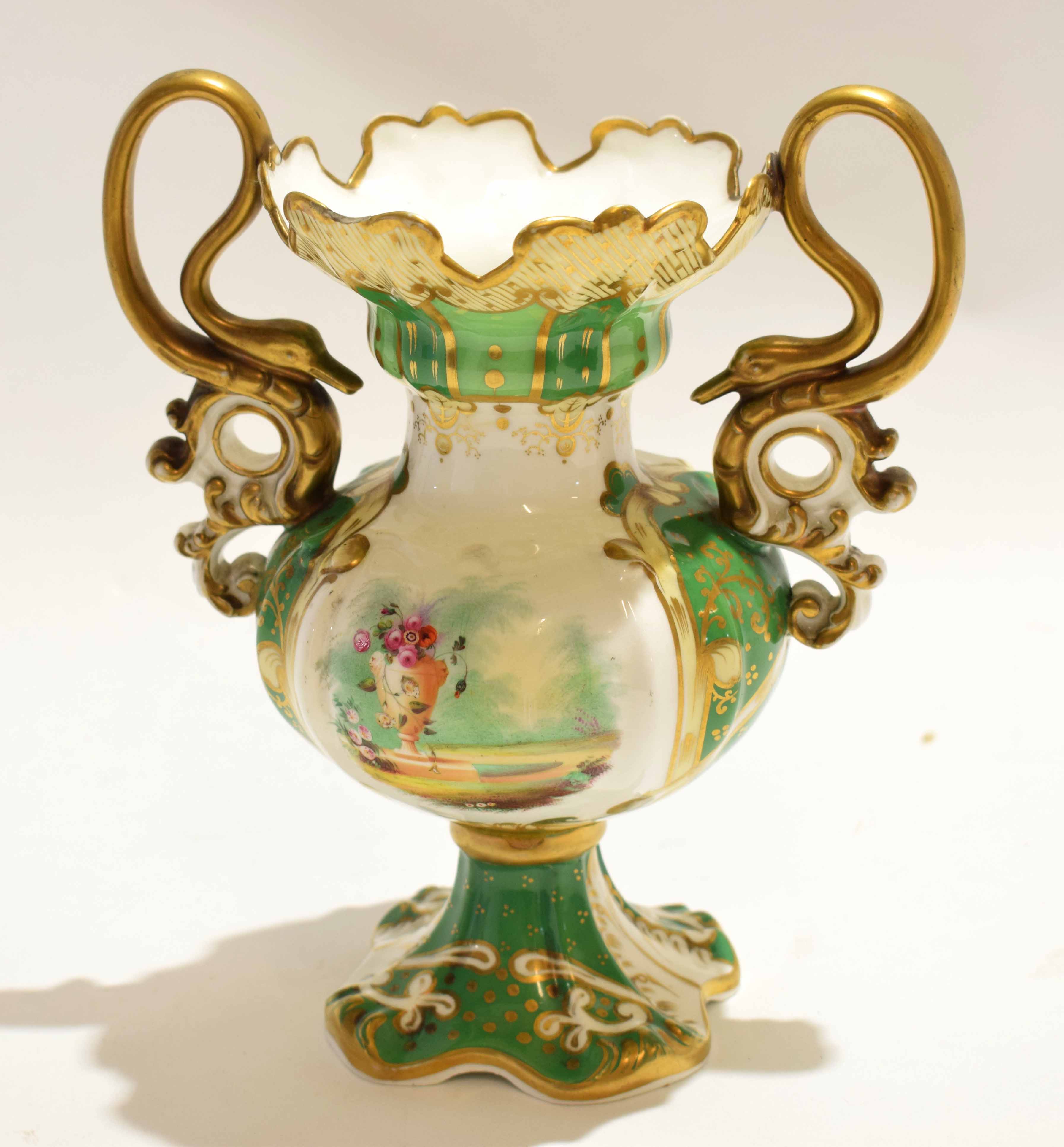 19th century Rockingham style English porcelain vase with two swan like handles and a painted