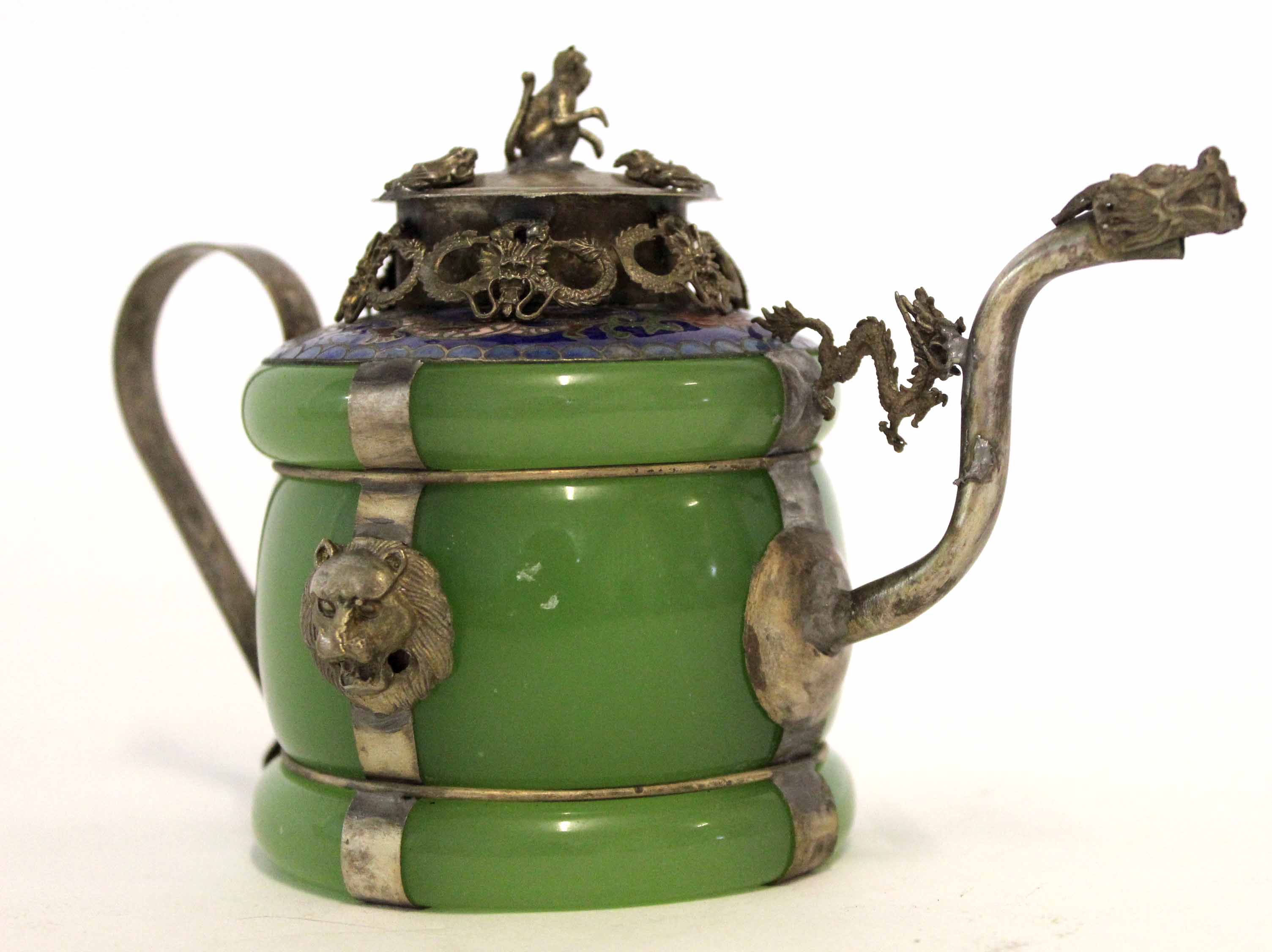 Oriental quartz type pot and cover with metal mounts and the modelled as a dragon, the cover moulded - Image 2 of 6