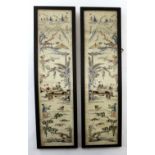 Pair of Chinese embroidered panels on silk in black frames, 54cm long (2)
