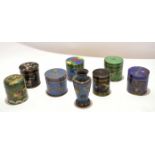 Group of seven cloisonne cylindrical boxes and covers with typical enamel decoration, together