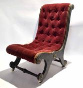 Late Victorian ebonised and gilt metal mounted nursing chair upholstered in deep red plush button